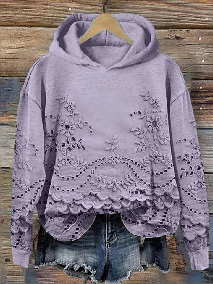 Women's floral cotton hoodie with eyelet lace cut-outs