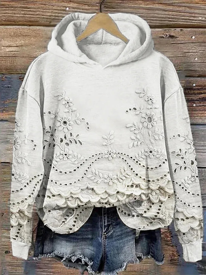 Women's floral cotton hoodie with eyelet lace cut-outs