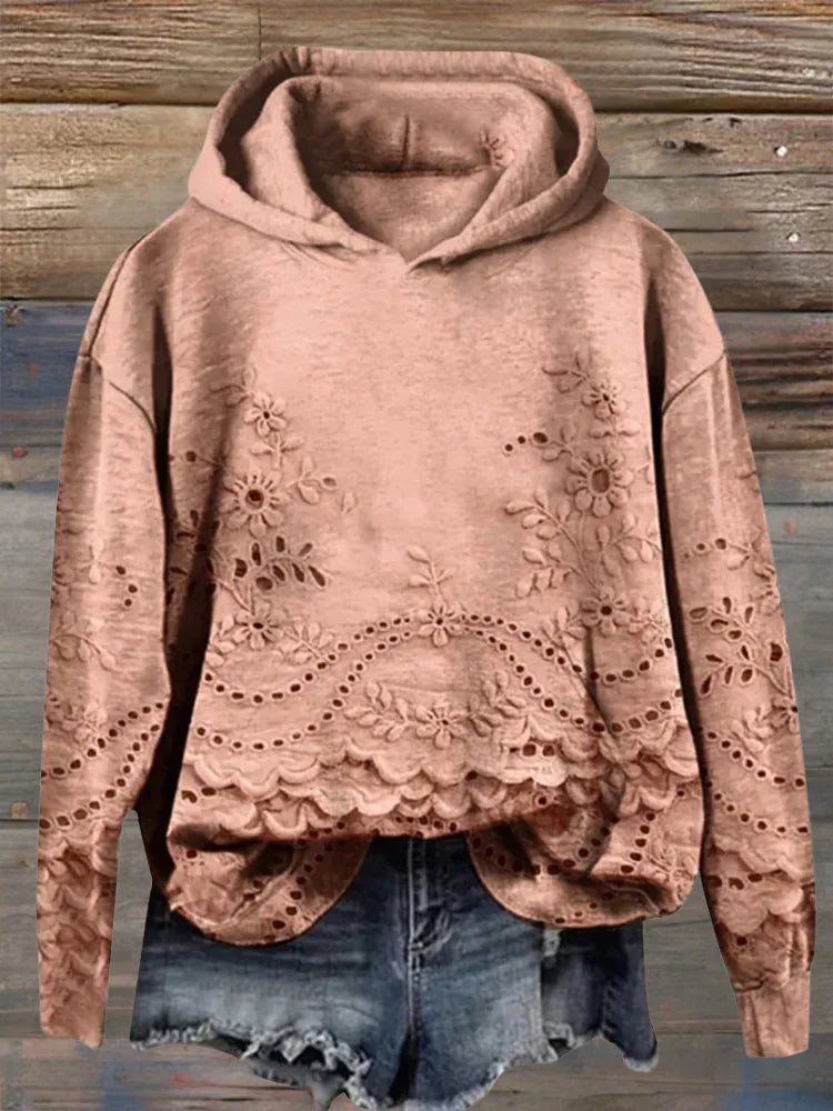 Women's floral cotton hoodie with eyelet lace cut-outs