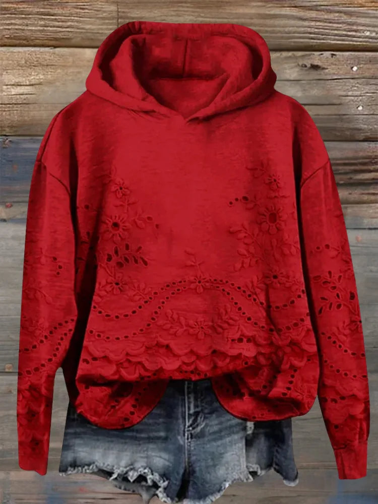 Women's floral cotton hoodie with eyelet lace cut-outs