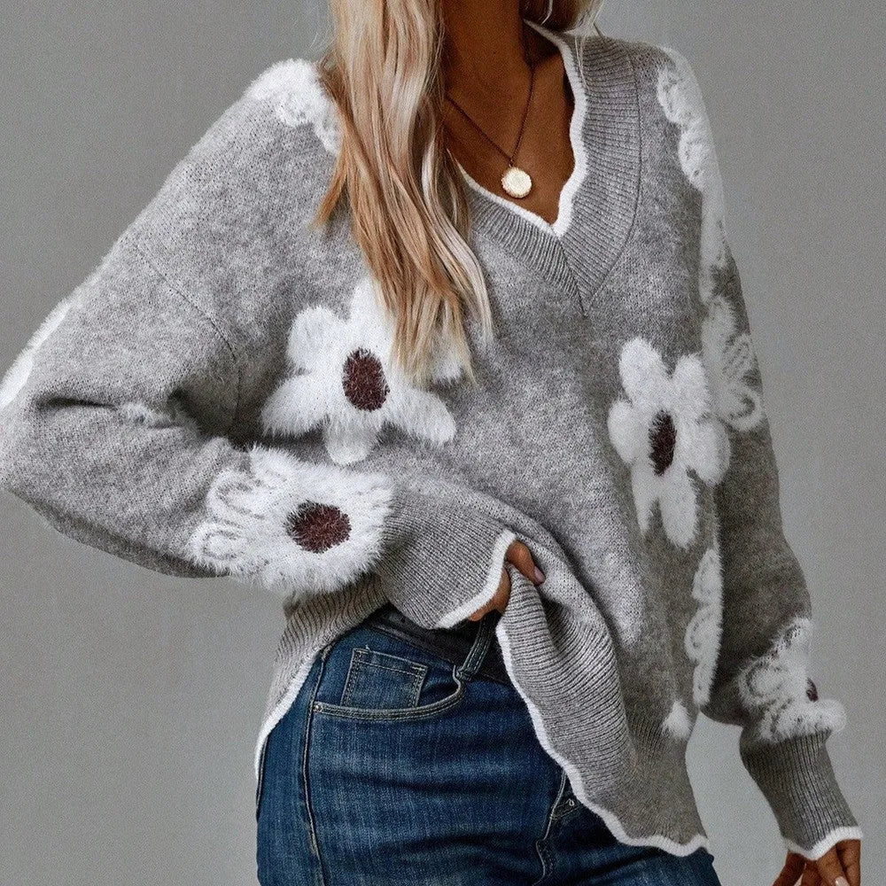 Women's floral knit v-neck sweater with fuzzy appliques