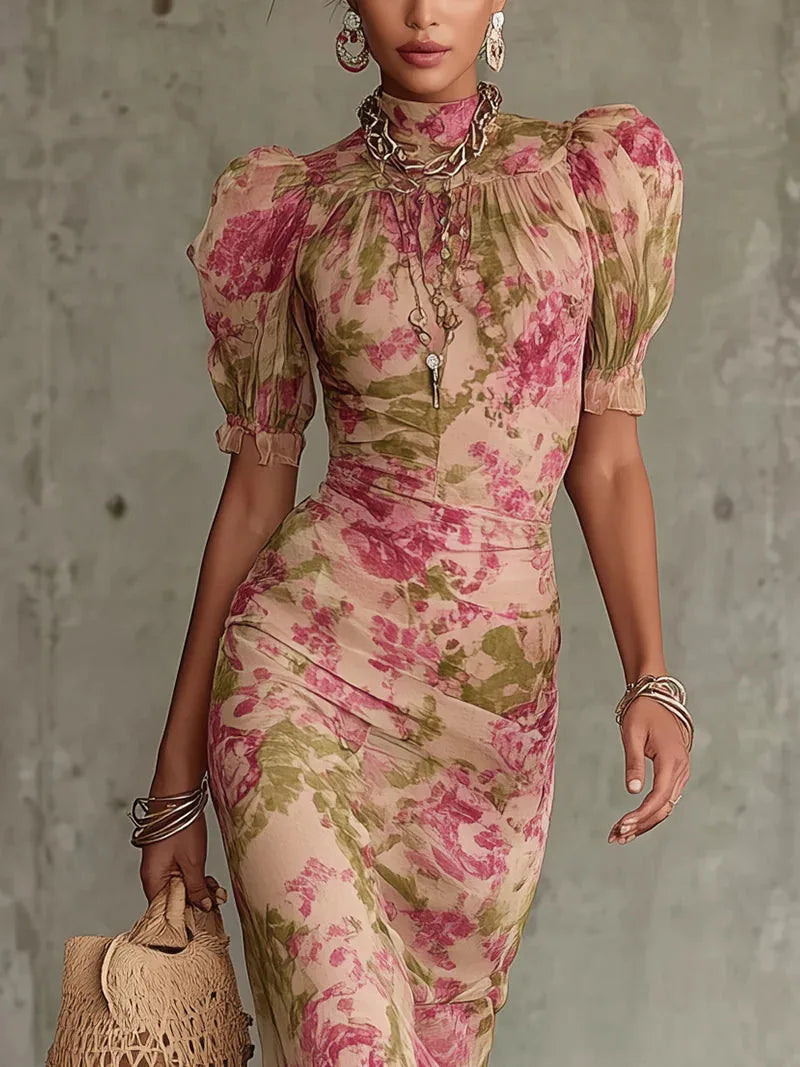 Women's Floral Mock Neck Maxi Dress