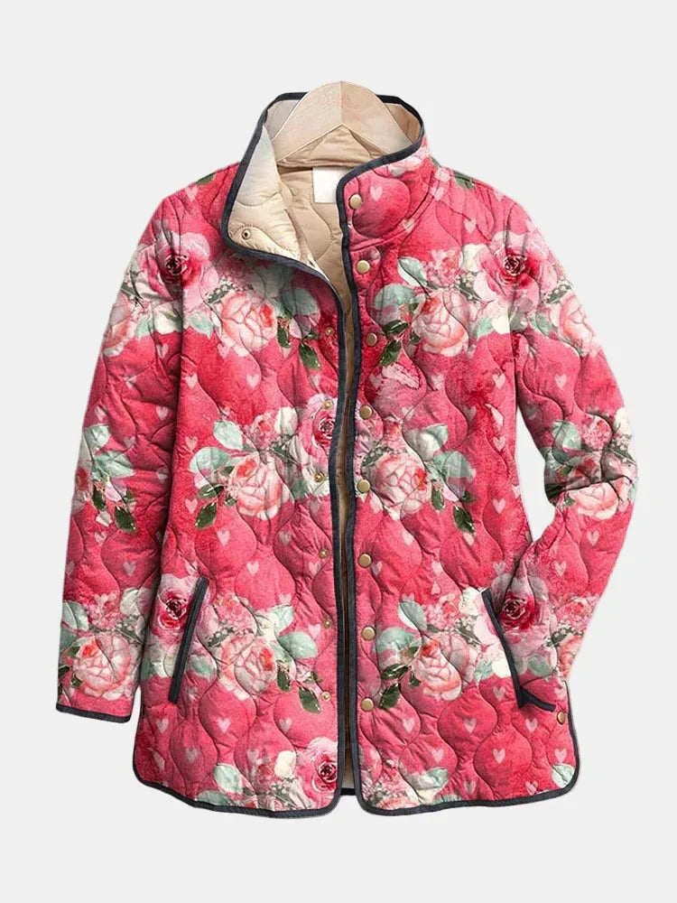 Women's floral quilted button-front puffer jacket with contrast piping