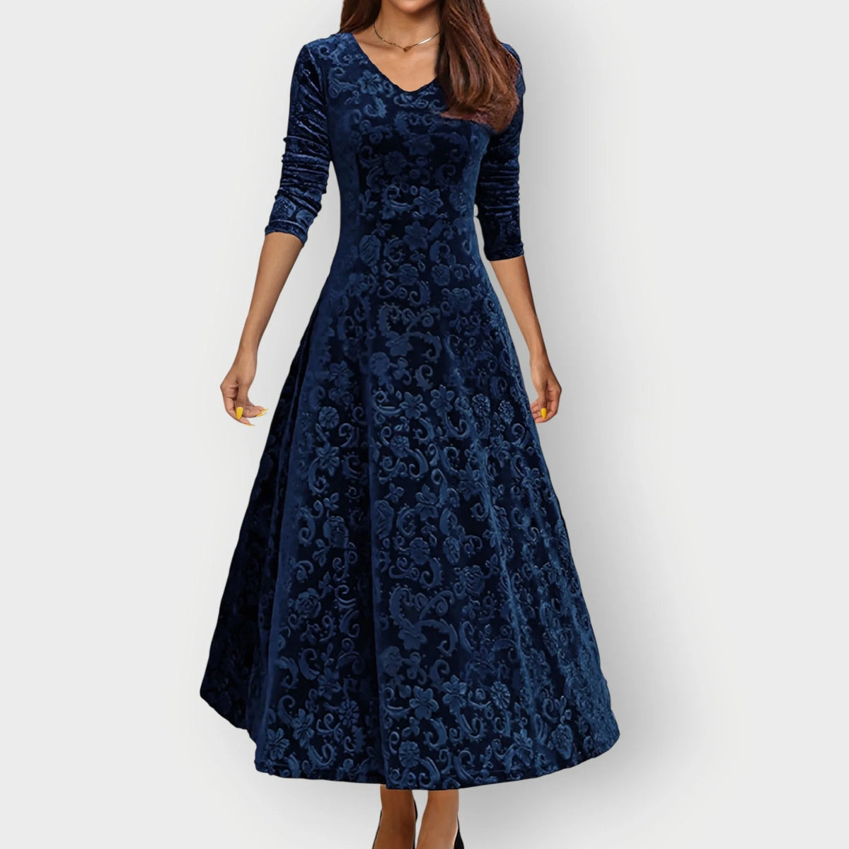 Women's floral velvet v-neck midi dress with embossed pattern