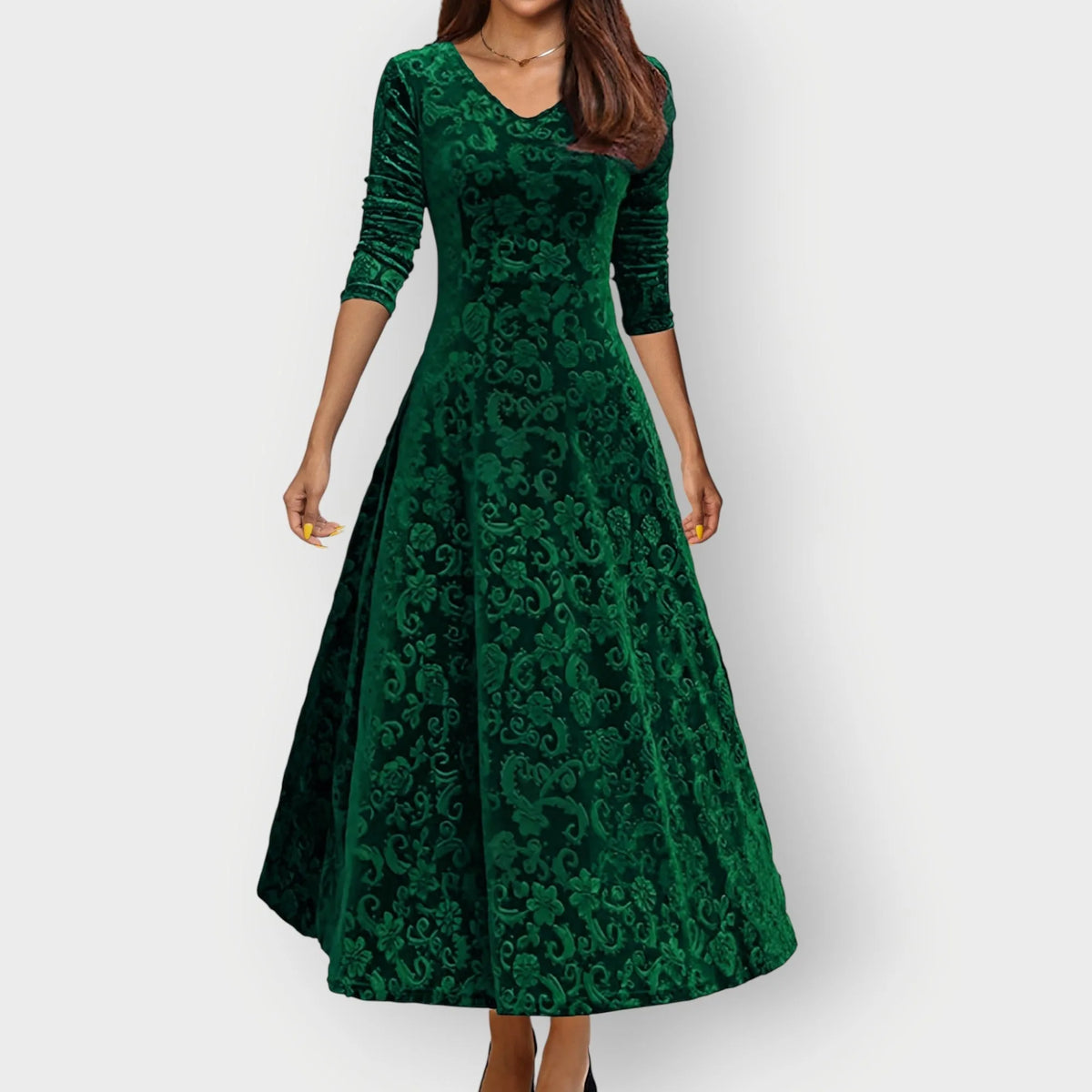 Women's floral velvet v-neck midi dress with embossed pattern