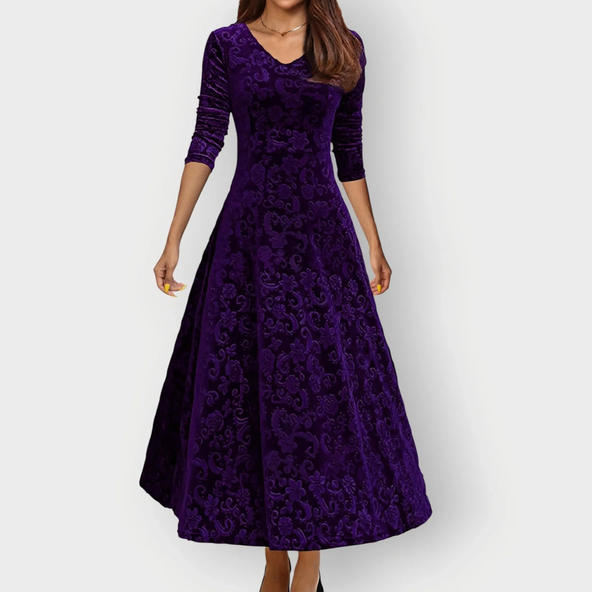 Women's floral velvet v-neck midi dress with embossed pattern