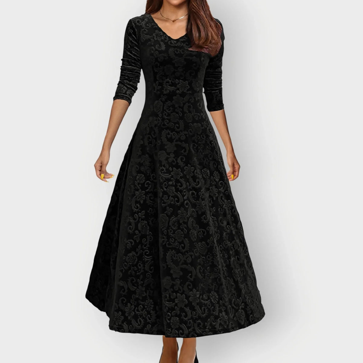 Women's floral velvet v-neck midi dress with embossed pattern