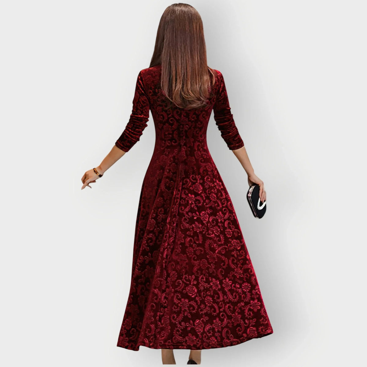 Women's floral velvet v-neck midi dress with embossed pattern