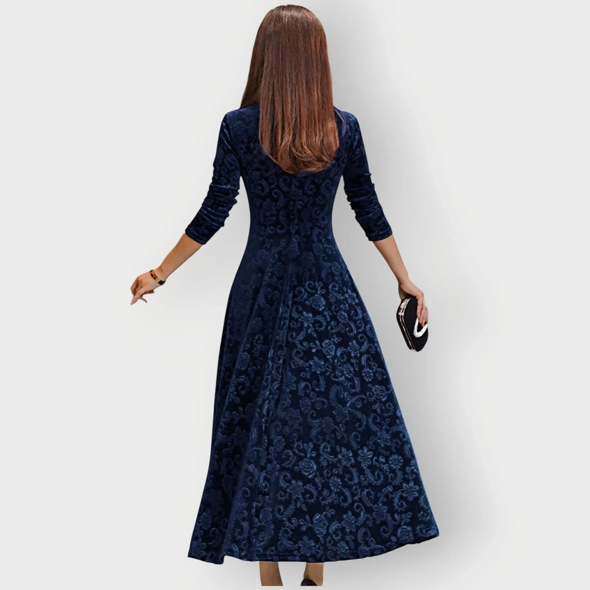 Women's floral velvet v-neck midi dress with embossed pattern