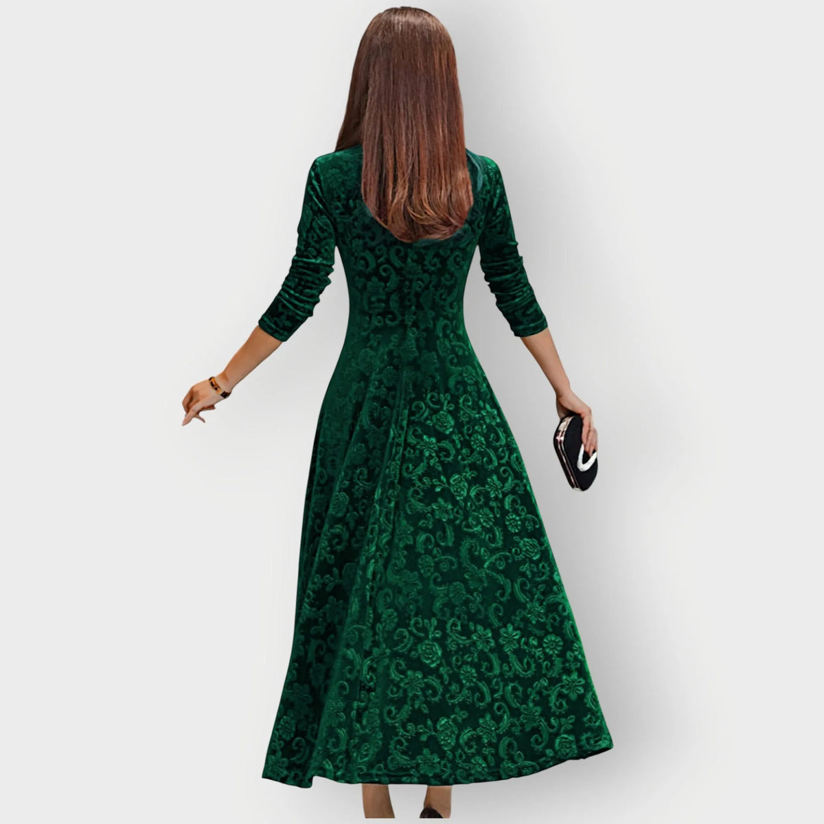 Women's floral velvet v-neck midi dress with embossed pattern
