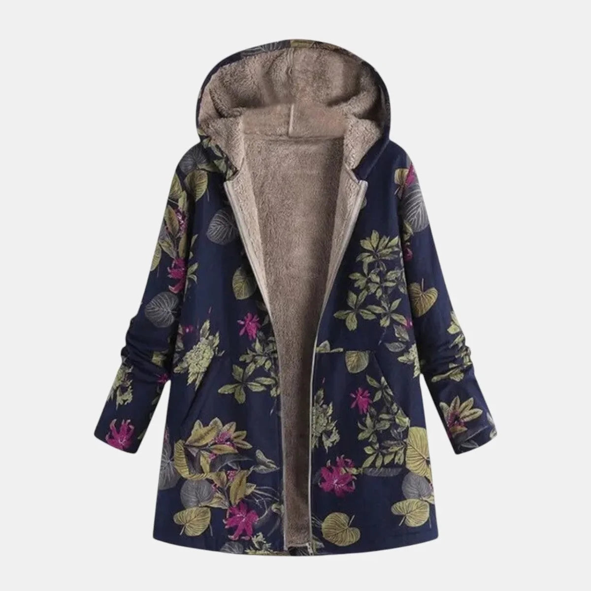 Women's floral zip-up hooded parka with sherpa fleece lining in navy