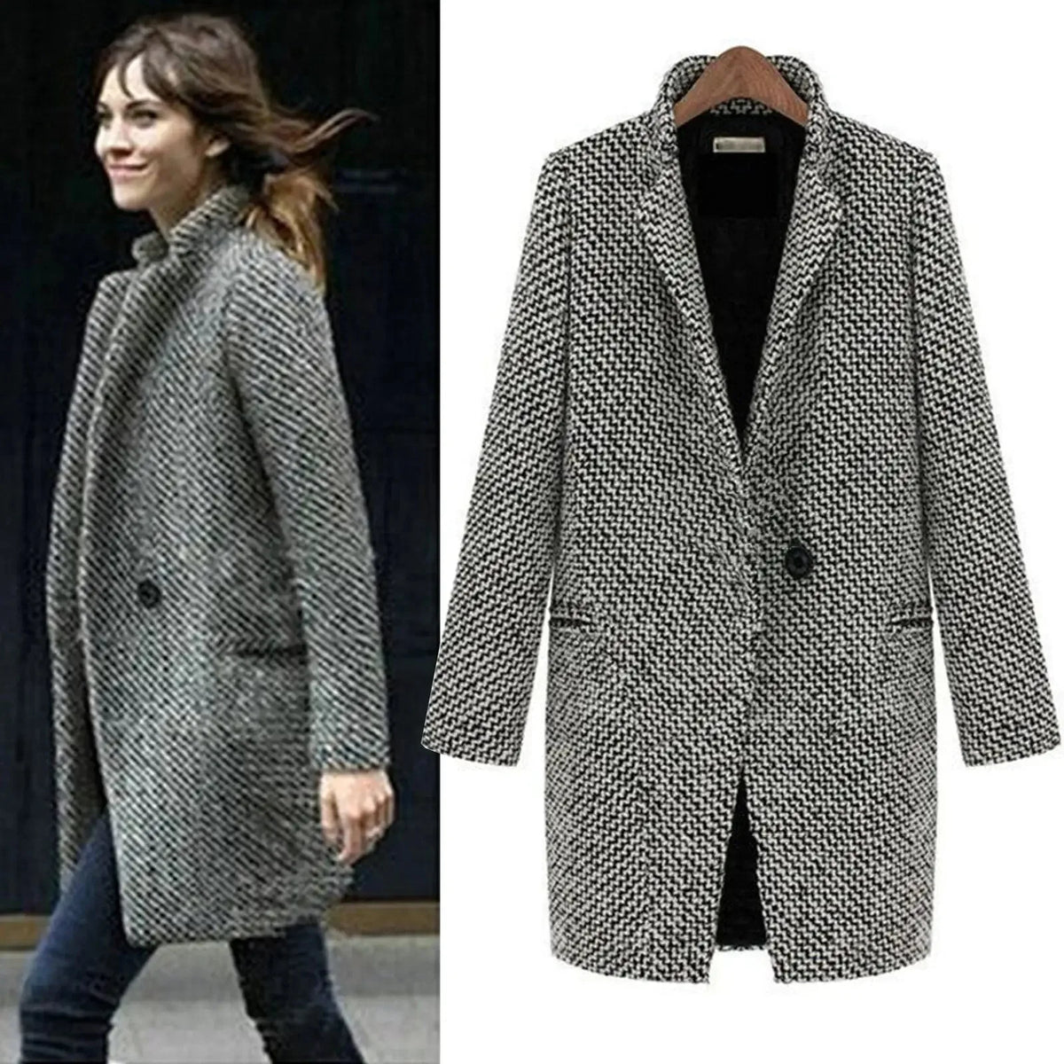 Women's houndstooth tweed button-front wool coat with quilted lining in black