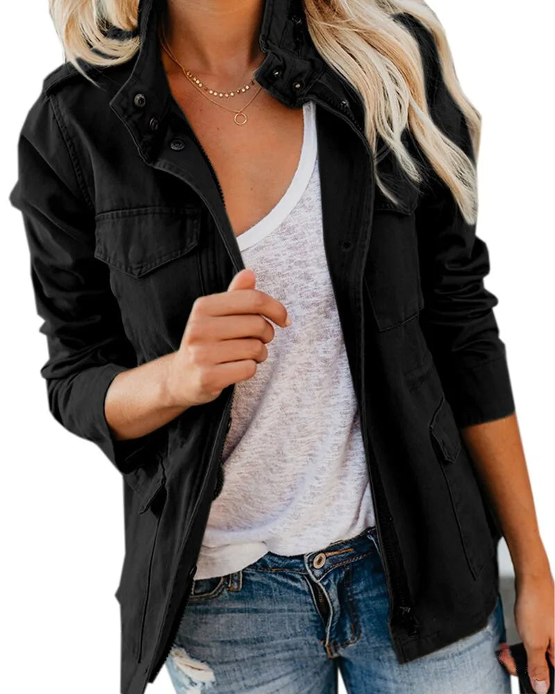 Women's Khaki Zip Front Utility Jacket