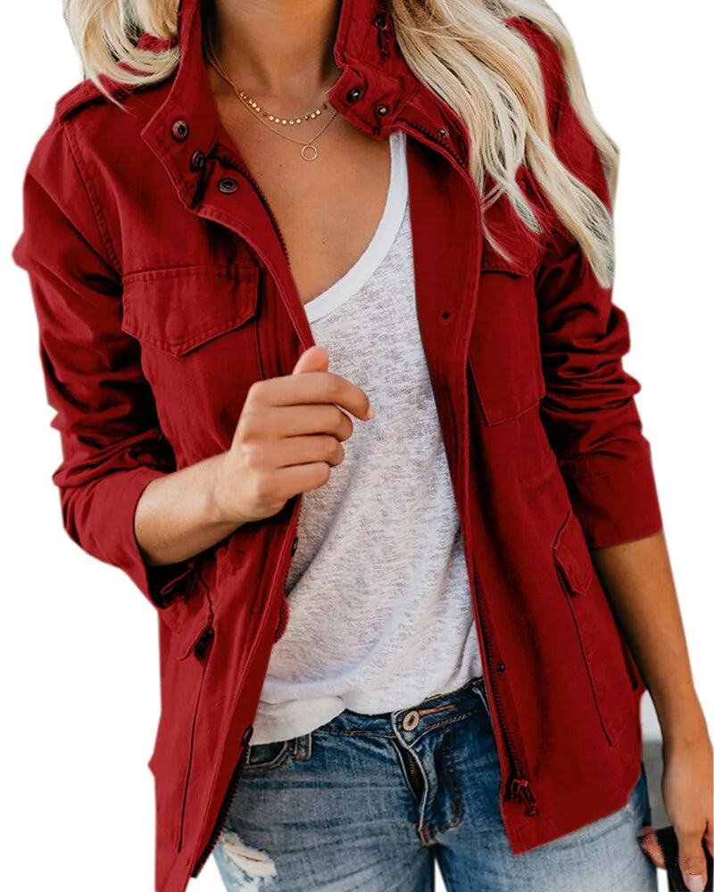 Women's Khaki Zip Front Utility Jacket