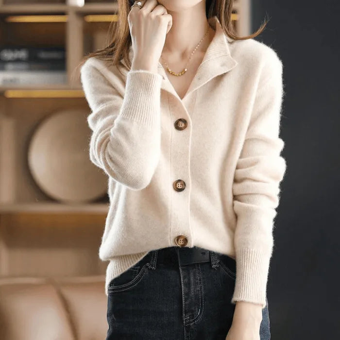 Women's knit button-front collared cardigan with ribbed cuffs