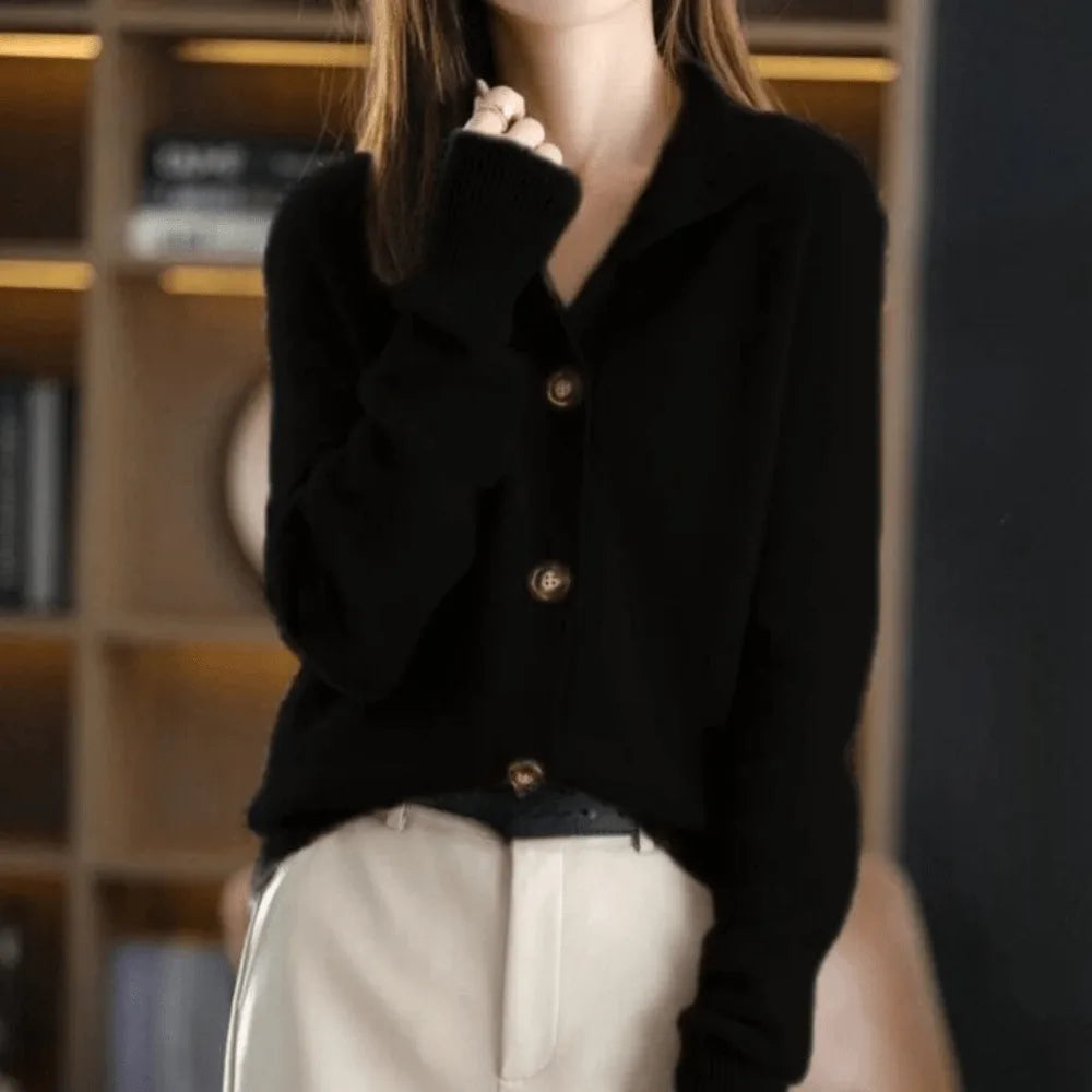 Women's knit button-front collared cardigan with ribbed cuffs