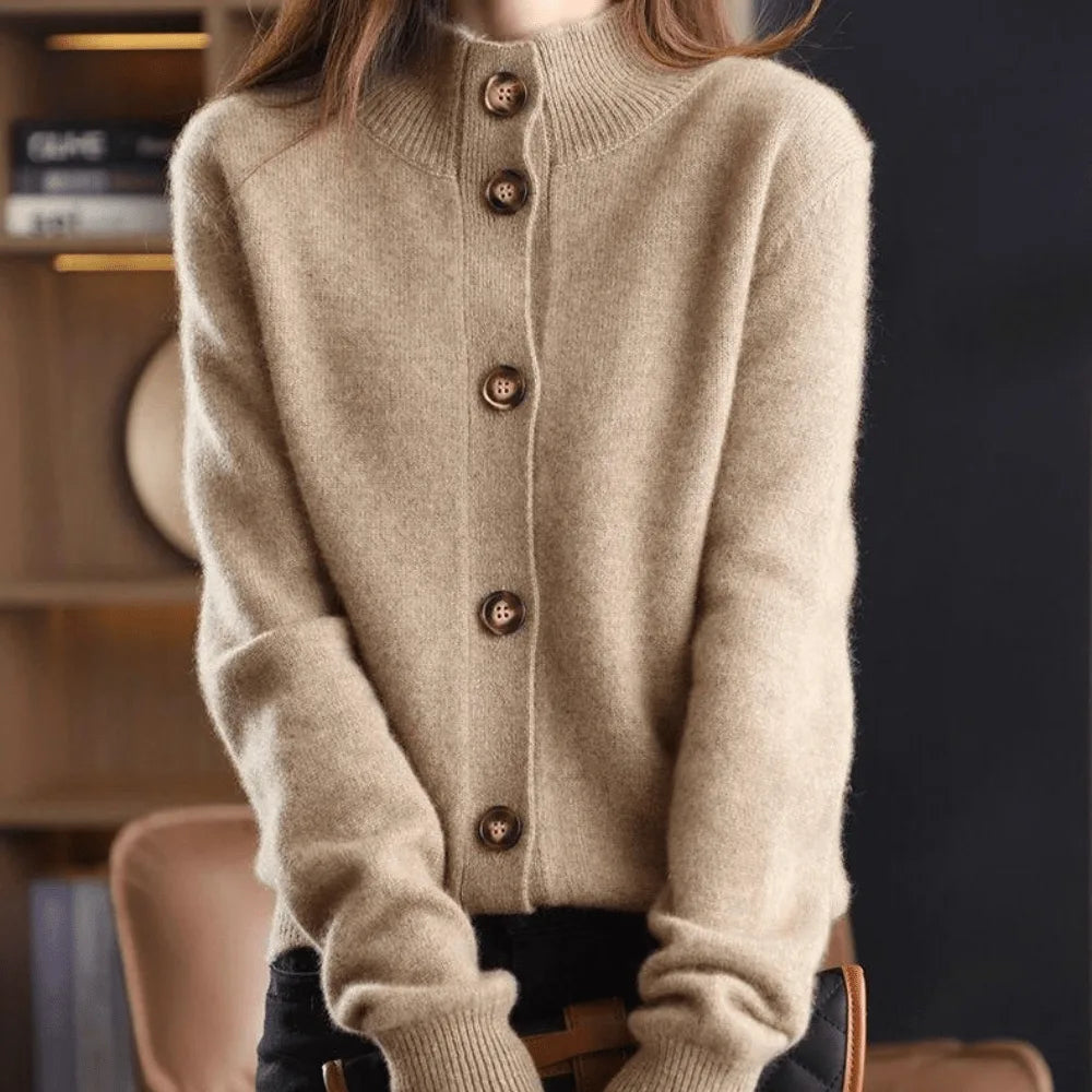 Women's knit button-front collared cardigan with ribbed cuffs