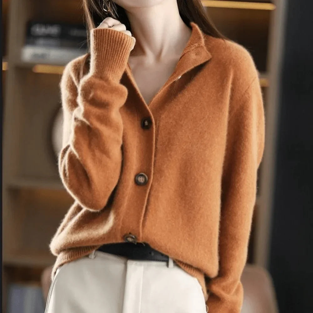 Women's knit button-front collared cardigan with ribbed cuffs