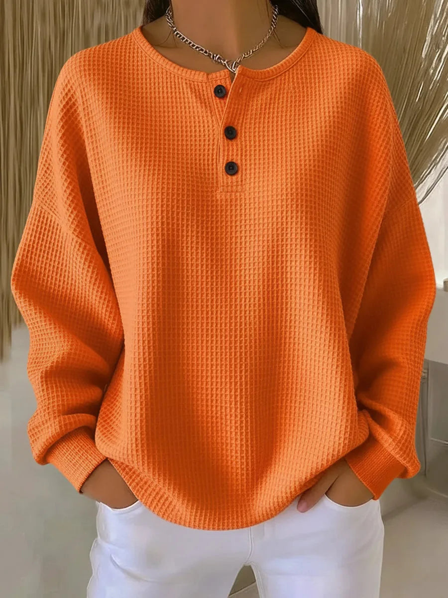 Women's knit button-front crew neck sweater with waffle texture