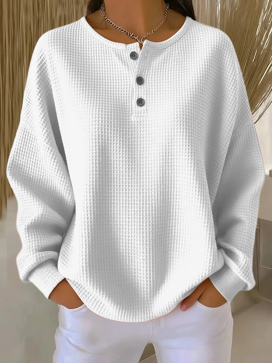 Women's knit button-front crew neck sweater with waffle texture