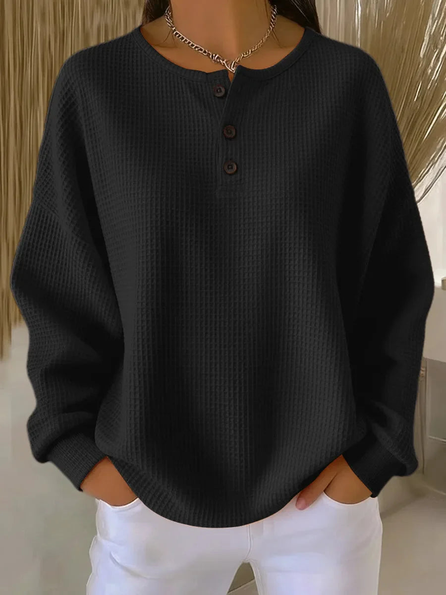 Women's knit button-front crew neck sweater with waffle texture