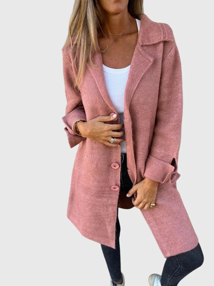 Women's knit button-front notch lapel cardigan with cuffed sleeves