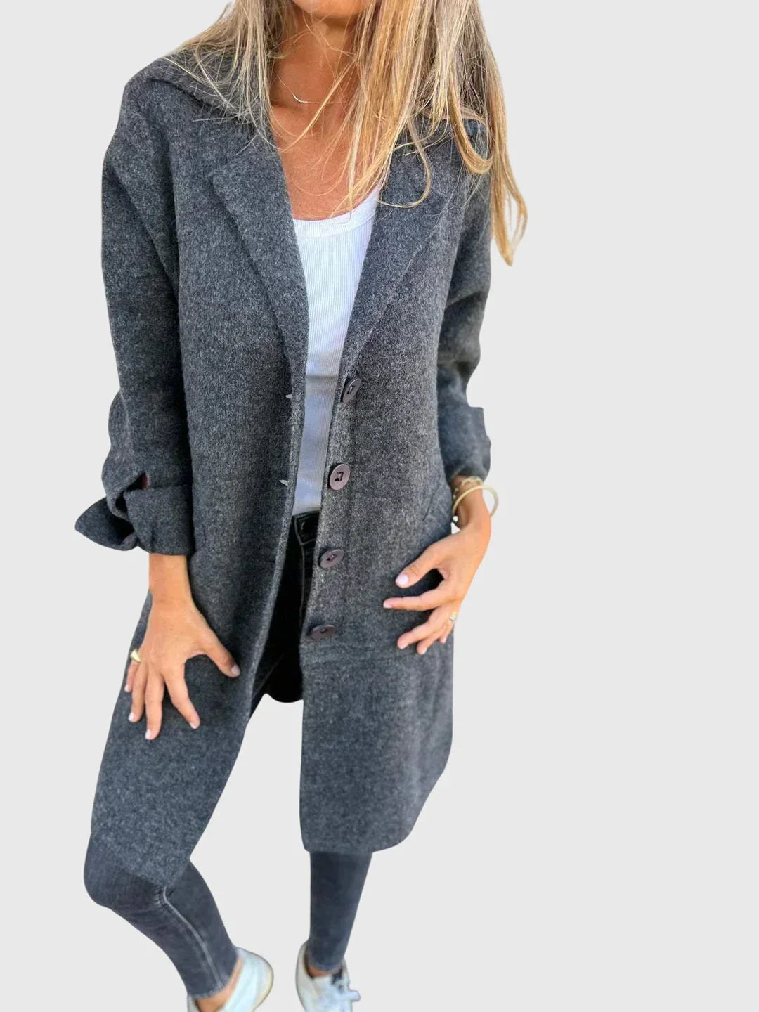 Women's knit button-front notch lapel cardigan with cuffed sleeves