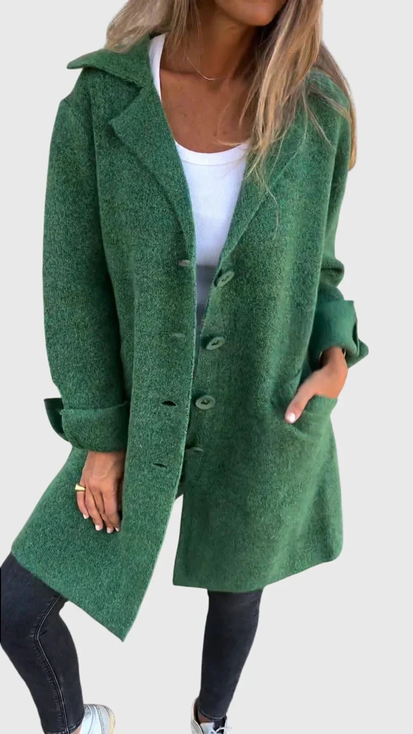 Women's knit button-front notch lapel cardigan with cuffed sleeves