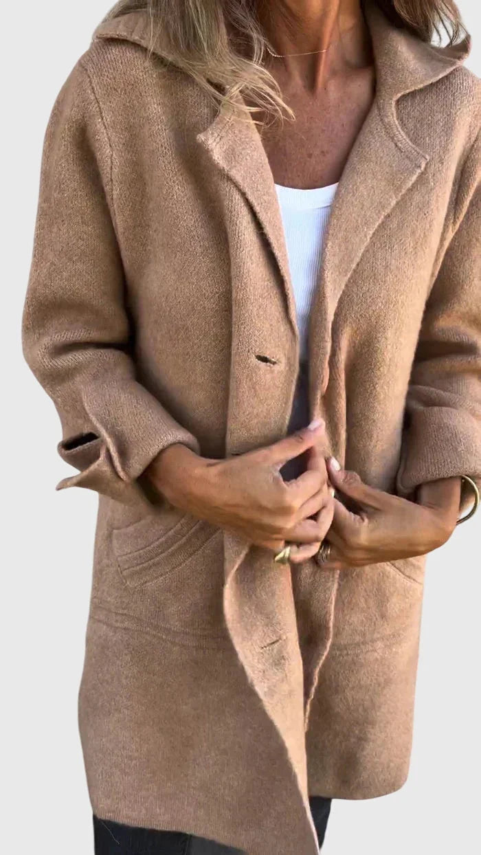 Women's knit button-front notch lapel cardigan with cuffed sleeves