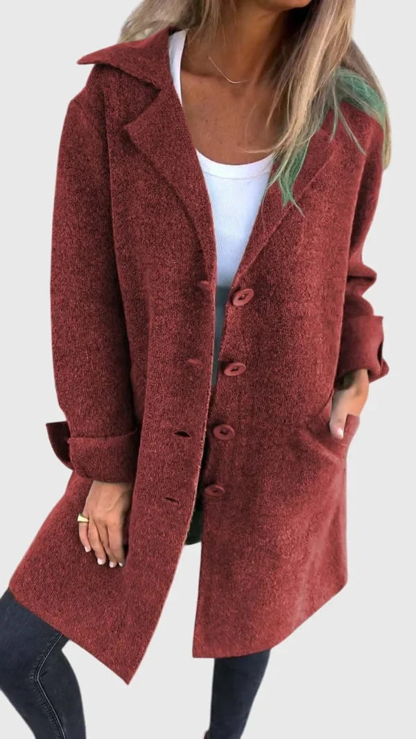 Women's knit button-front notch lapel cardigan with cuffed sleeves