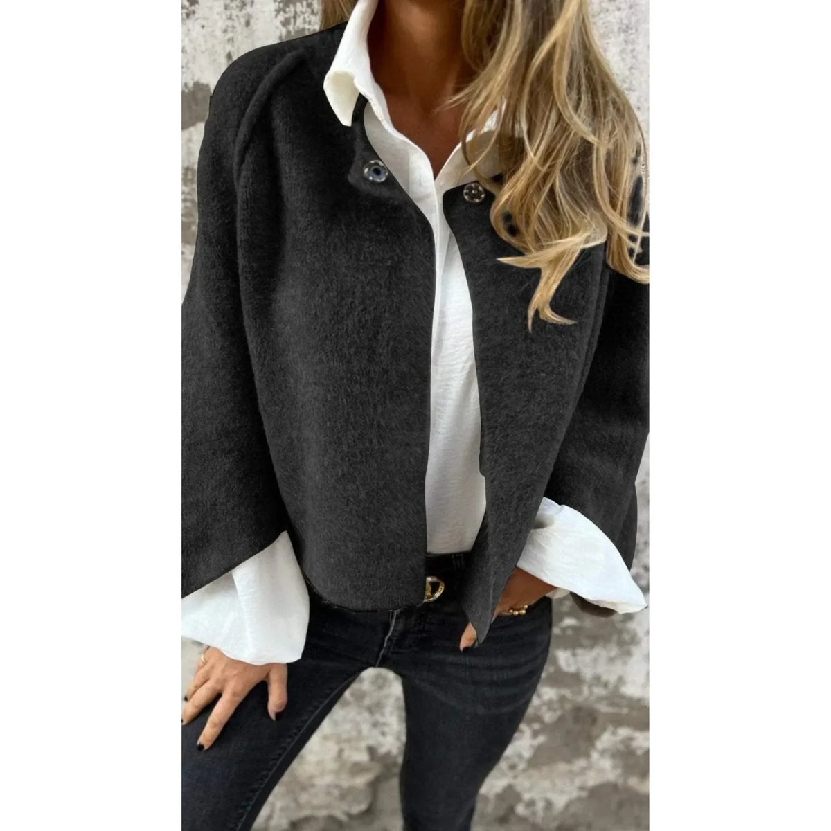 Women's knit button-front stand collar cardigan with two decorative