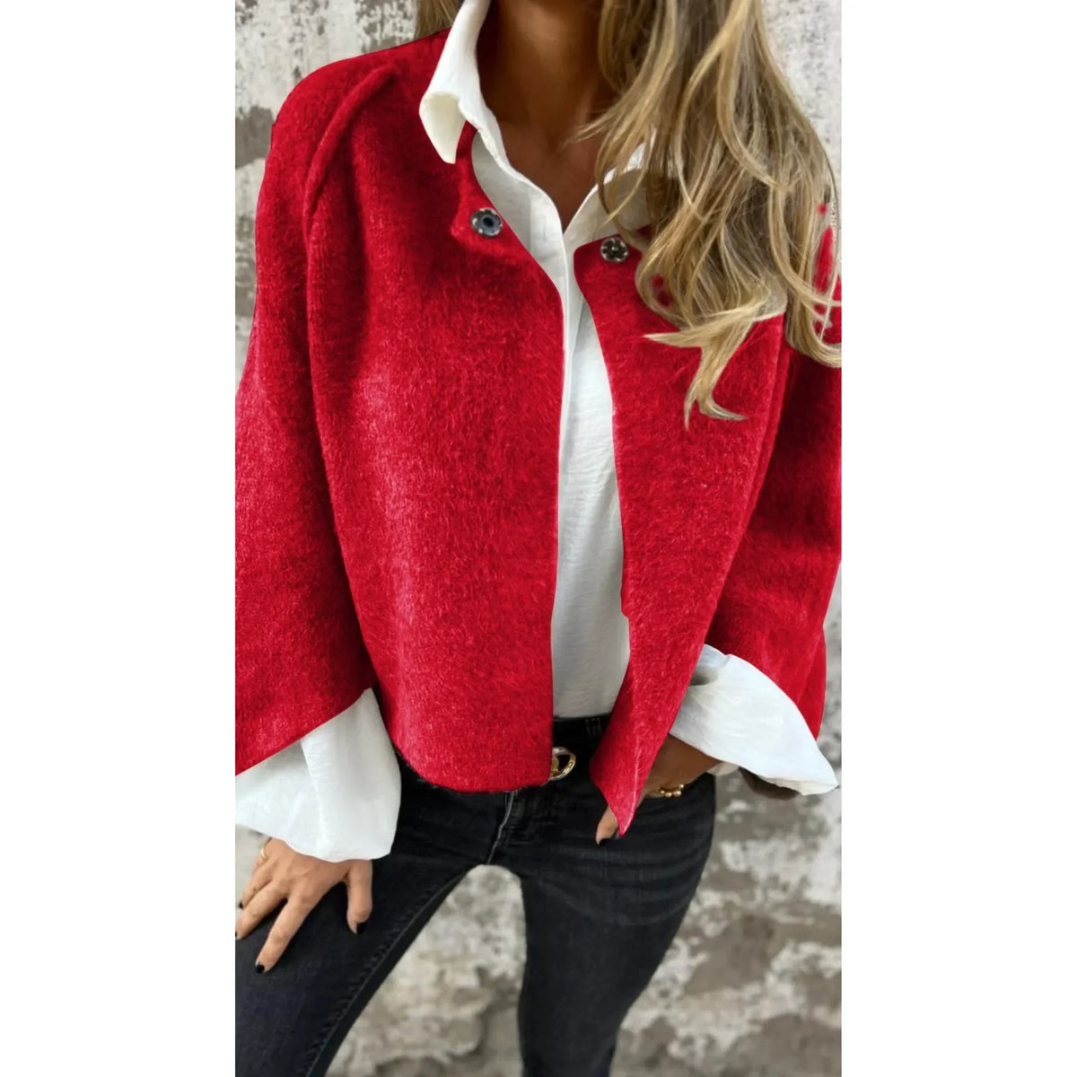 Women's knit button-front stand collar cardigan with two decorative