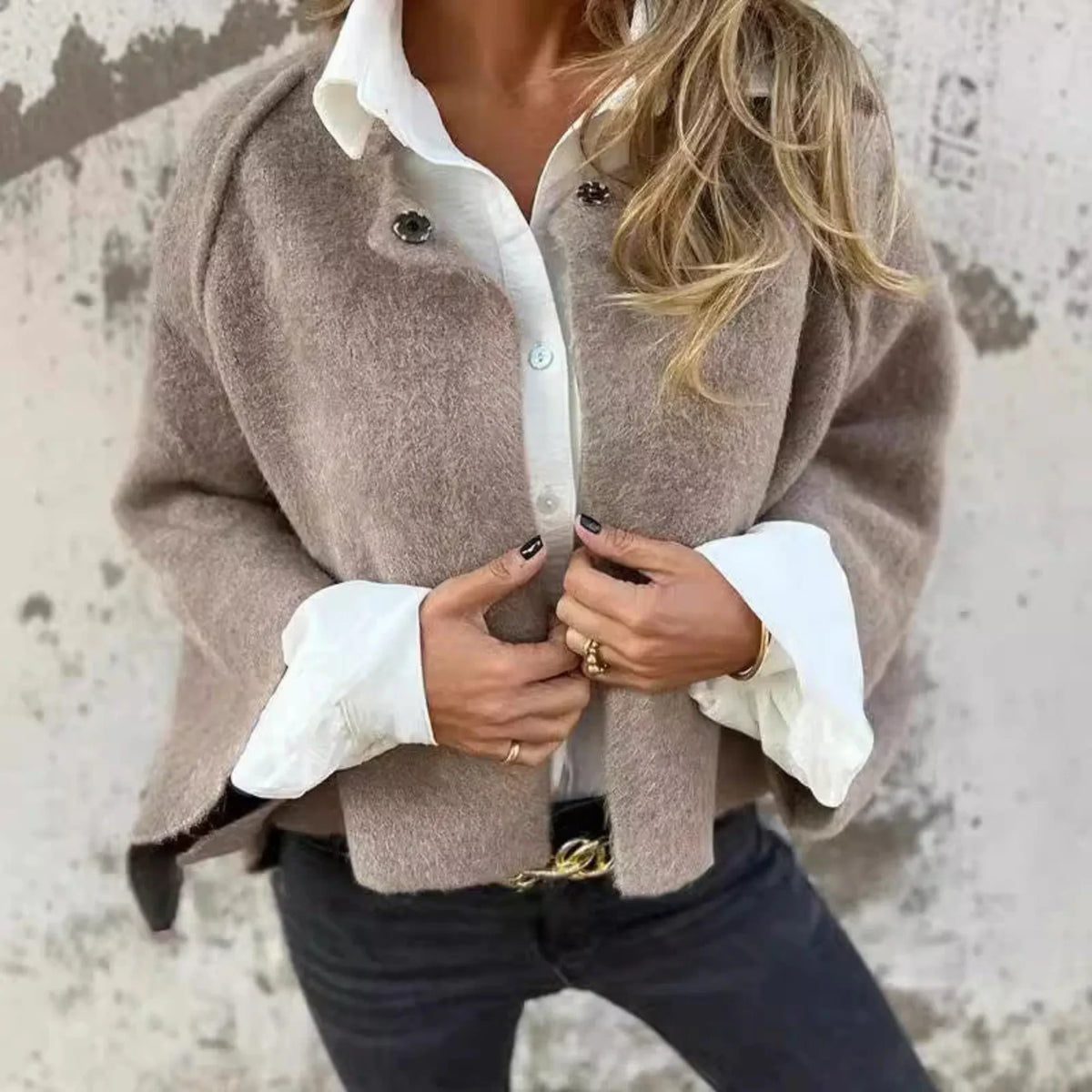Women's knit button-front stand collar cardigan with two decorative