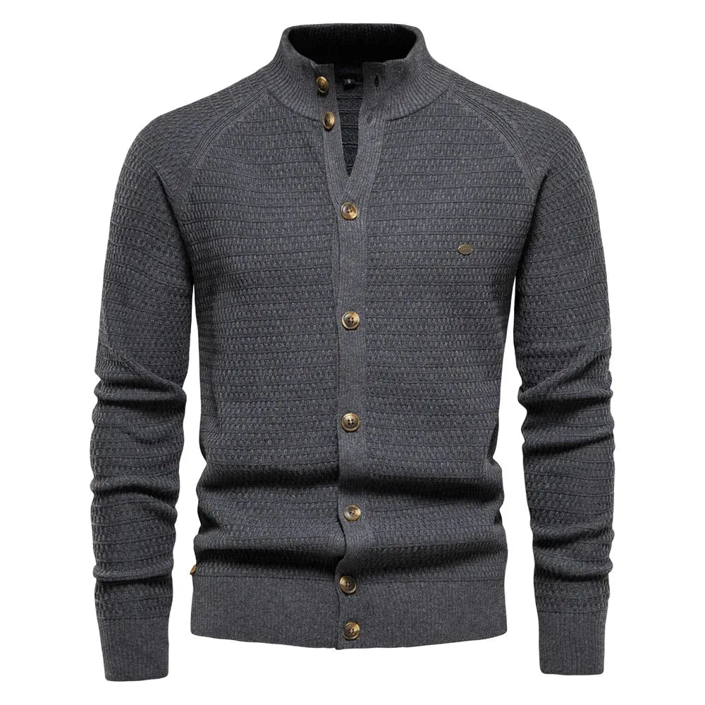 Women's knit button-front stand collar cardigan with waffle texture