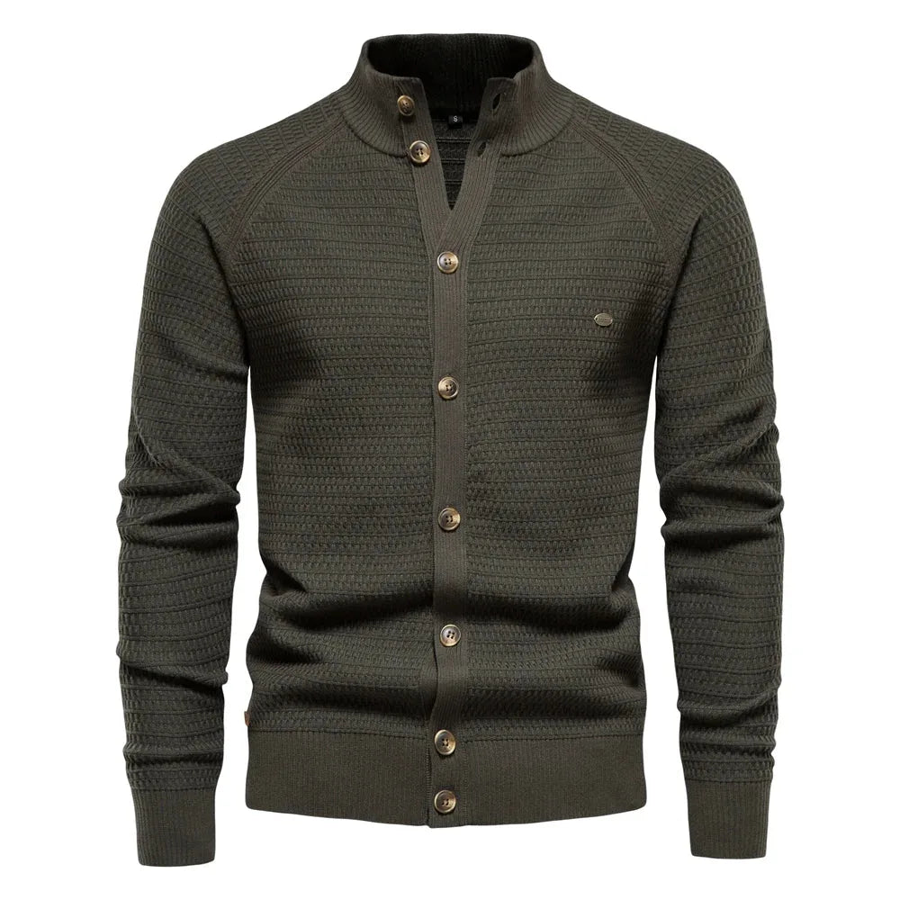 Women's knit button-front stand collar cardigan with waffle texture