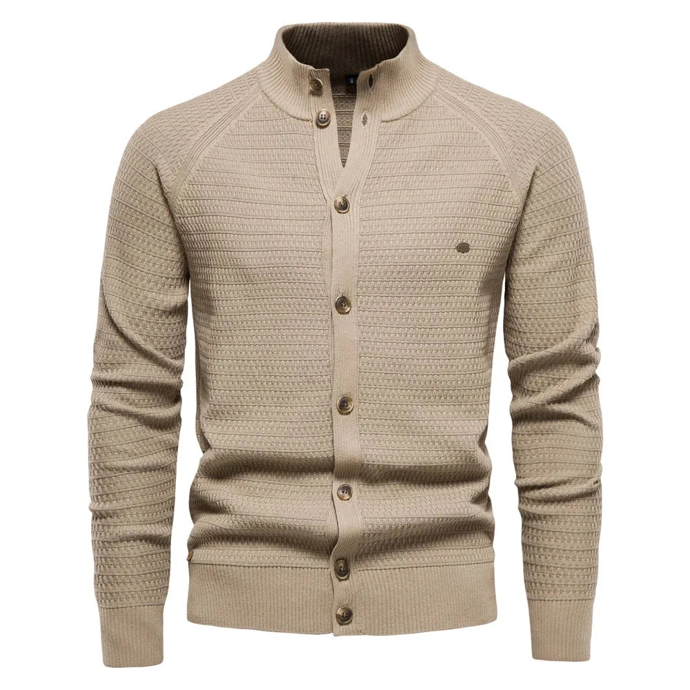 Women's knit button-front stand collar cardigan with waffle texture