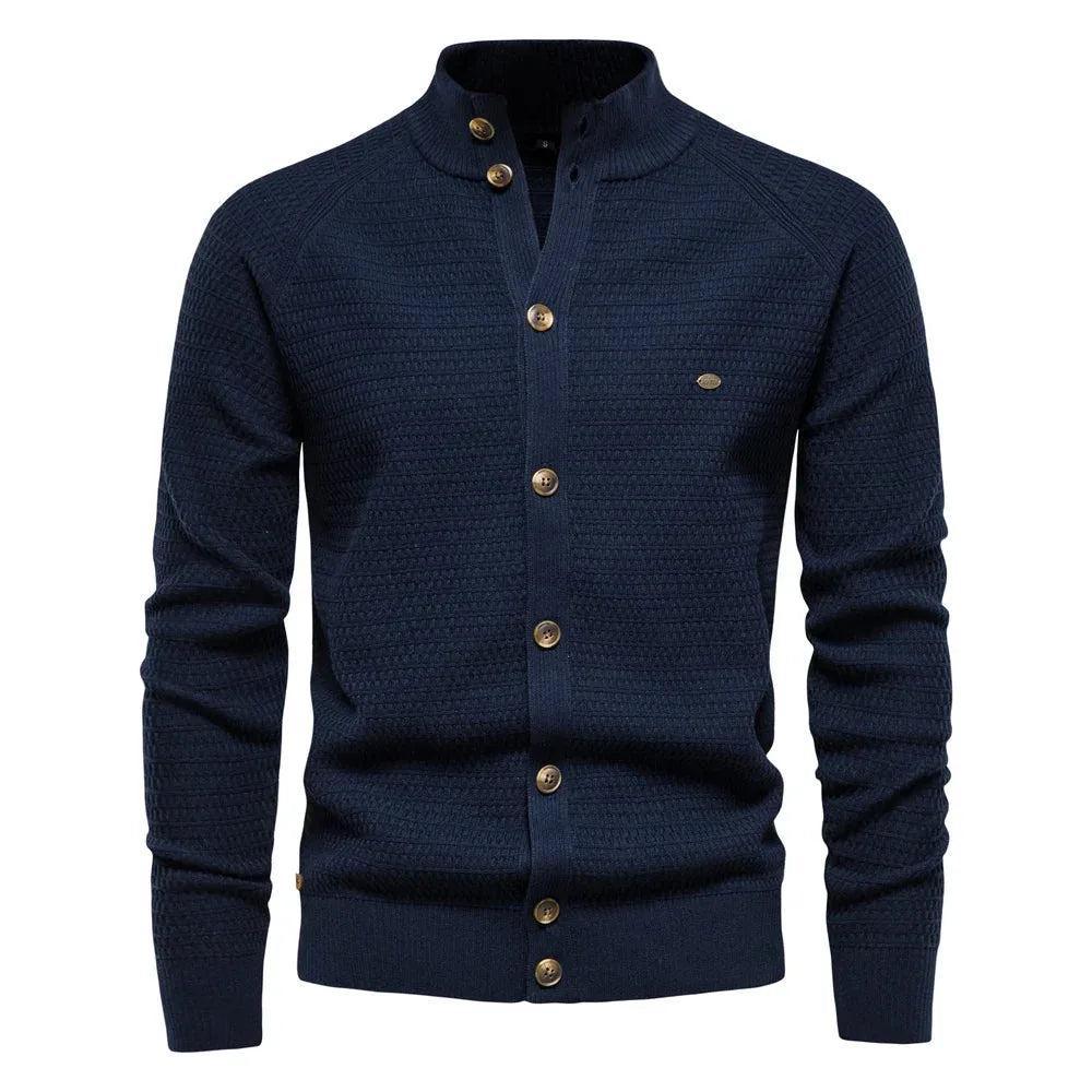 Women's knit button-front stand collar cardigan with waffle texture
