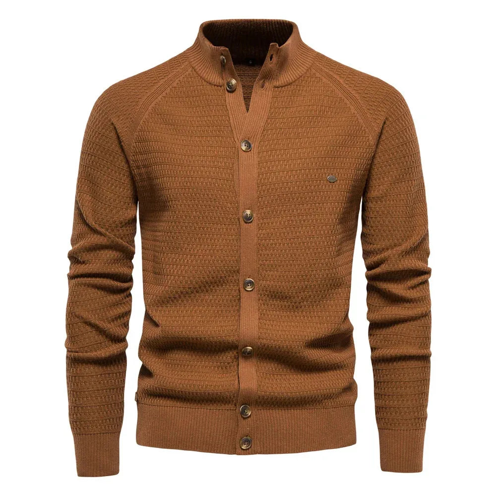 Women's knit button-front stand collar cardigan with waffle texture