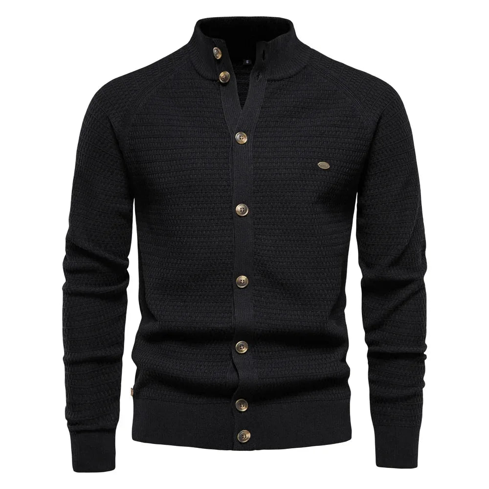 Women's knit button-front stand collar cardigan with waffle texture