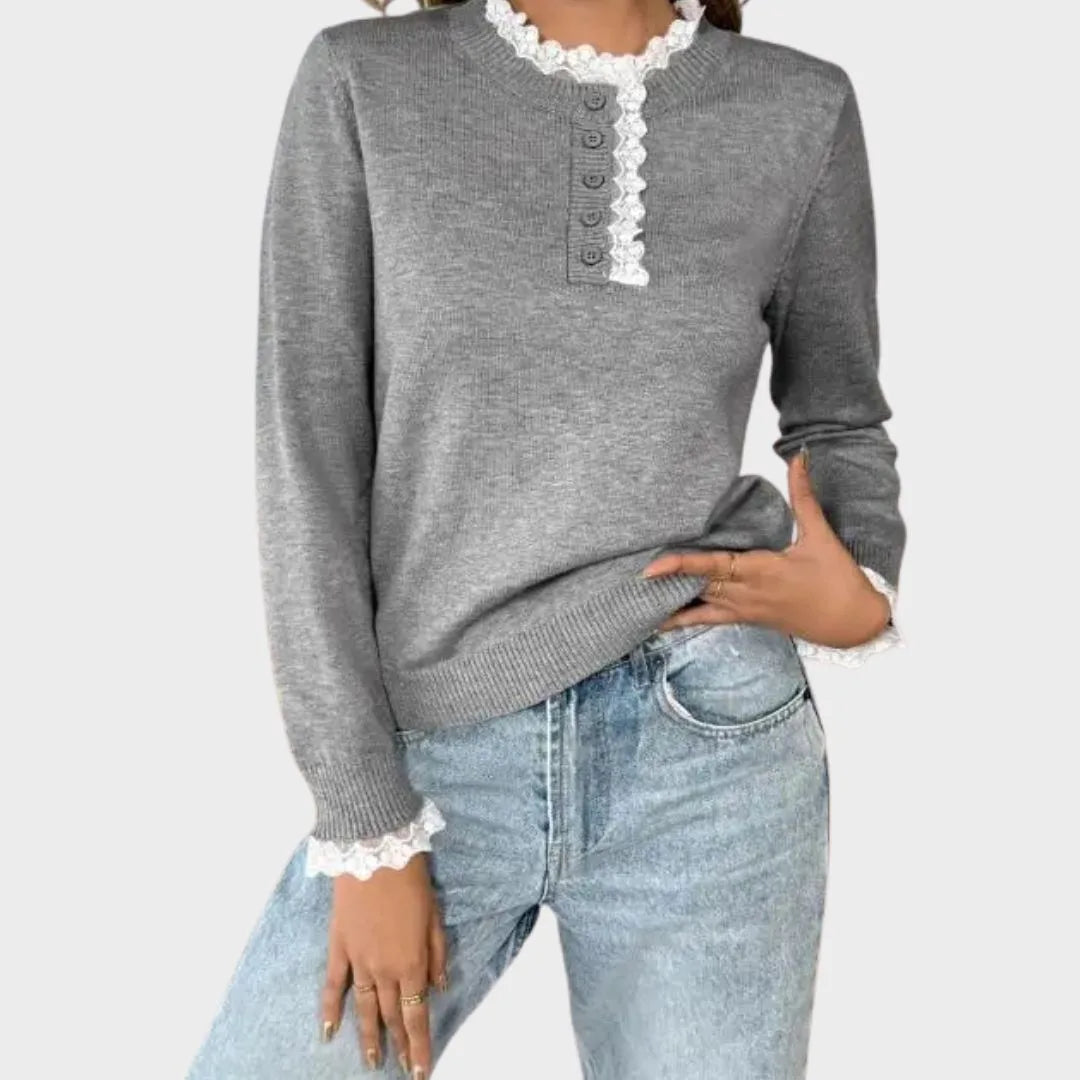Women's knit button-front stand collar sweater with lace trim