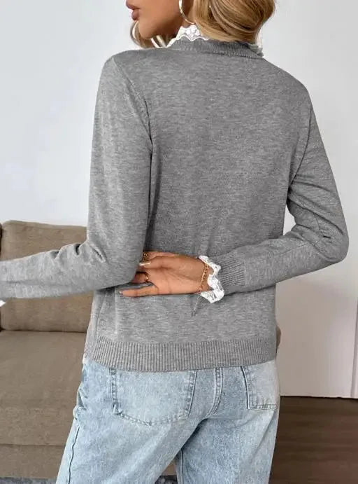 Women's knit button-front stand collar sweater with lace trim