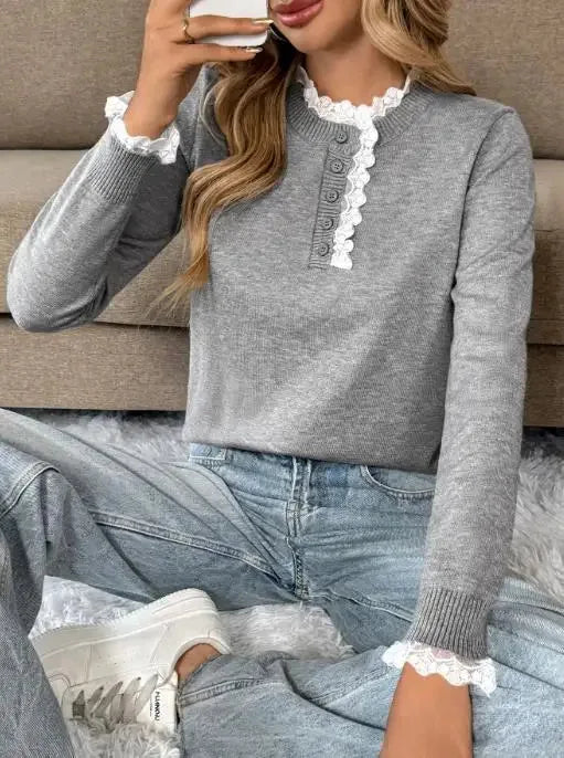 Women's knit button-front stand collar sweater with lace trim