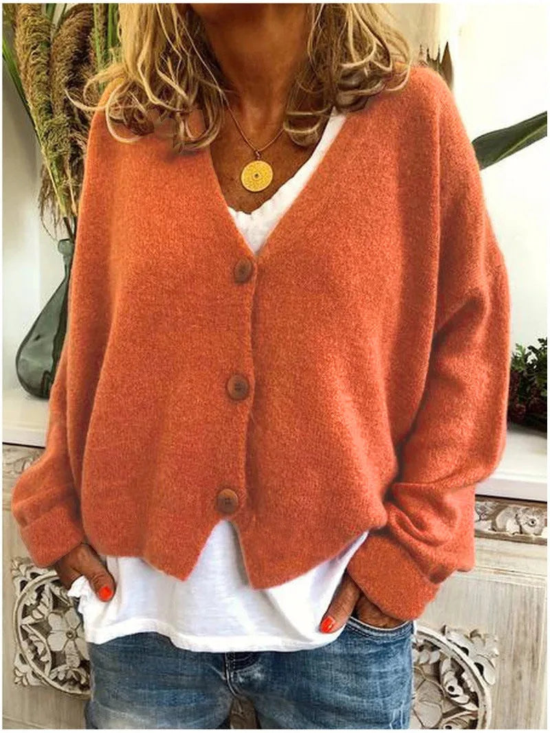 Women's knit button-front v-neck cardigan with dropped shoulders