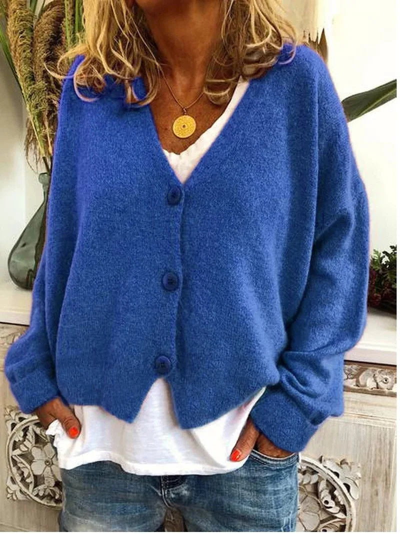 Women's knit button-front v-neck cardigan with dropped shoulders