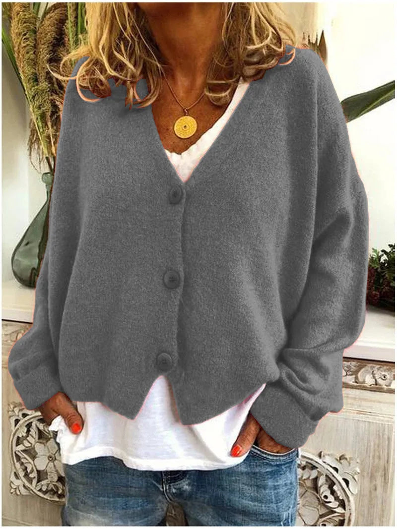 Women's knit button-front v-neck cardigan with dropped shoulders