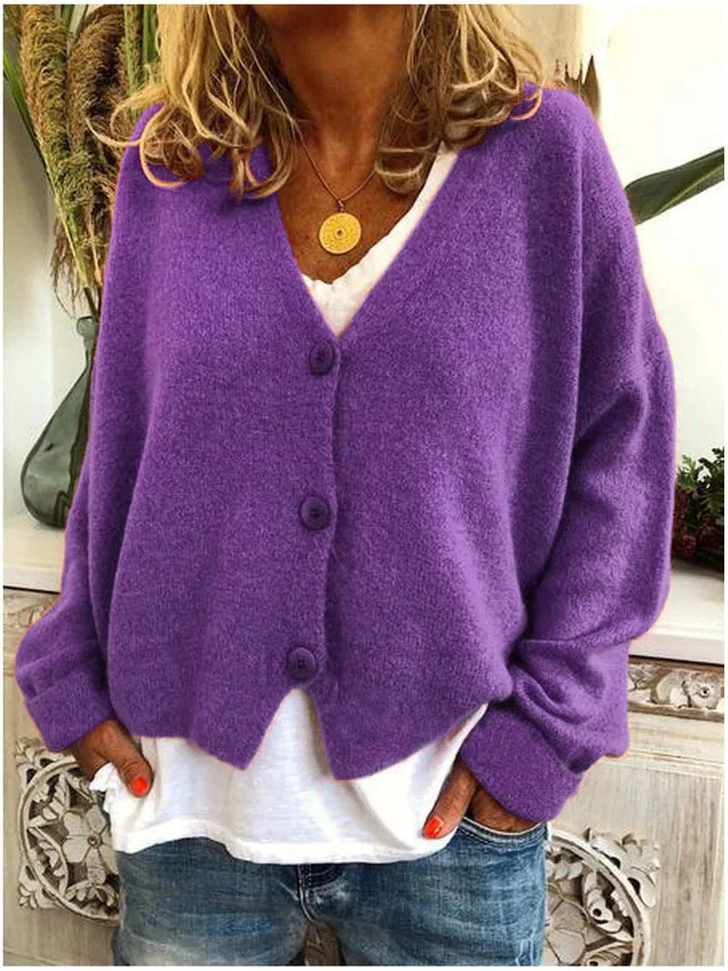 Women's knit button-front v-neck cardigan with dropped shoulders