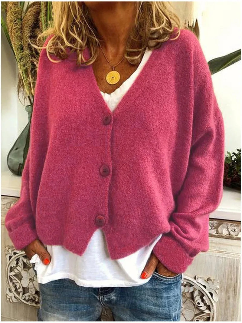 Women's knit button-front v-neck cardigan with dropped shoulders