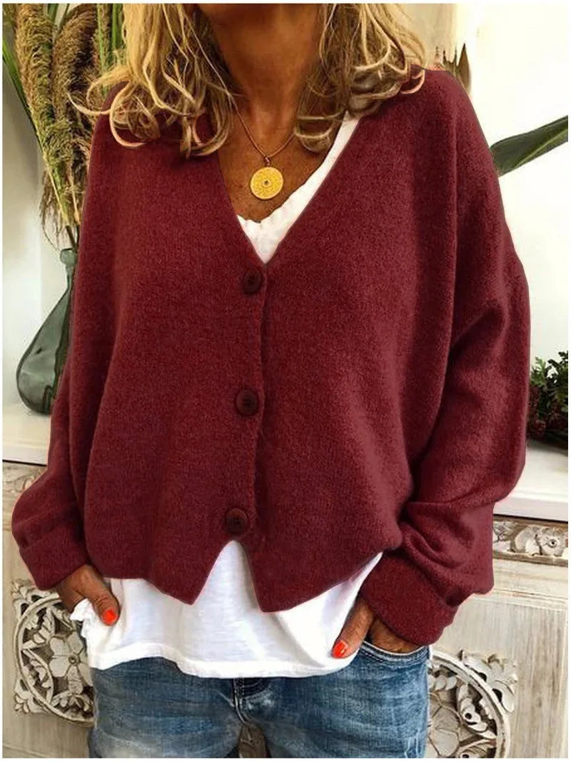 Women's knit button-front v-neck cardigan with dropped shoulders