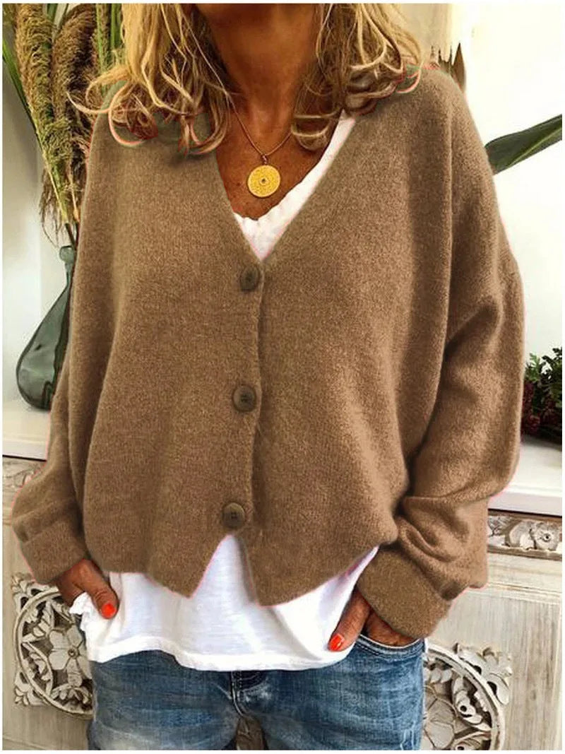 Women's knit button-front v-neck cardigan with dropped shoulders