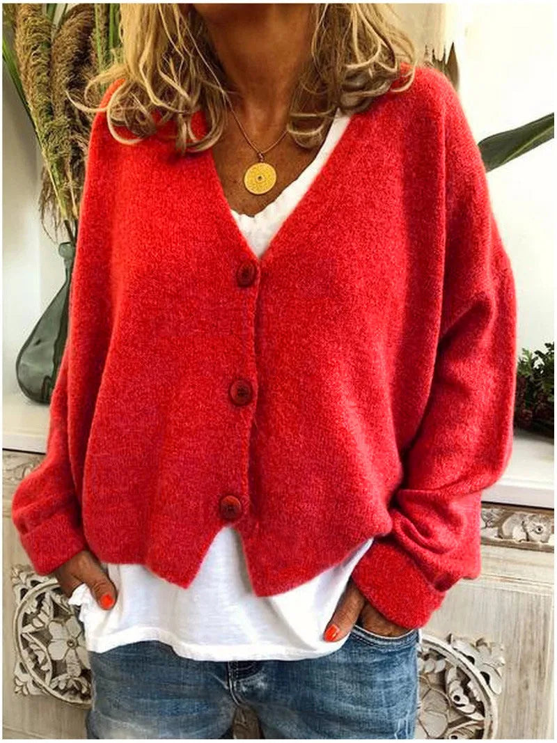 Women's knit button-front v-neck cardigan with dropped shoulders